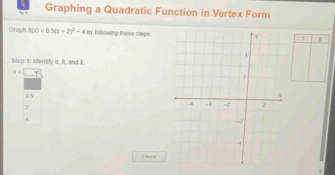 graphing a quadratic function in vertex form graph ( h(x) = 0.5(x + 2)^…