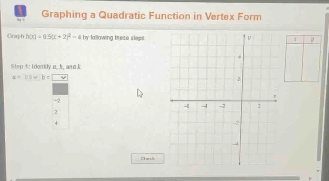 graphing a quadratic function in vertex form graph ( h(x) = 0.5(x + 2)^…