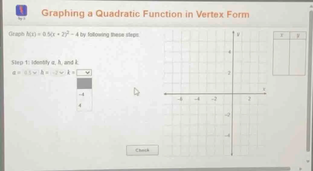 graphing a quadratic function in vertex form graph ( h(x) = 0.5(x + 2)^…