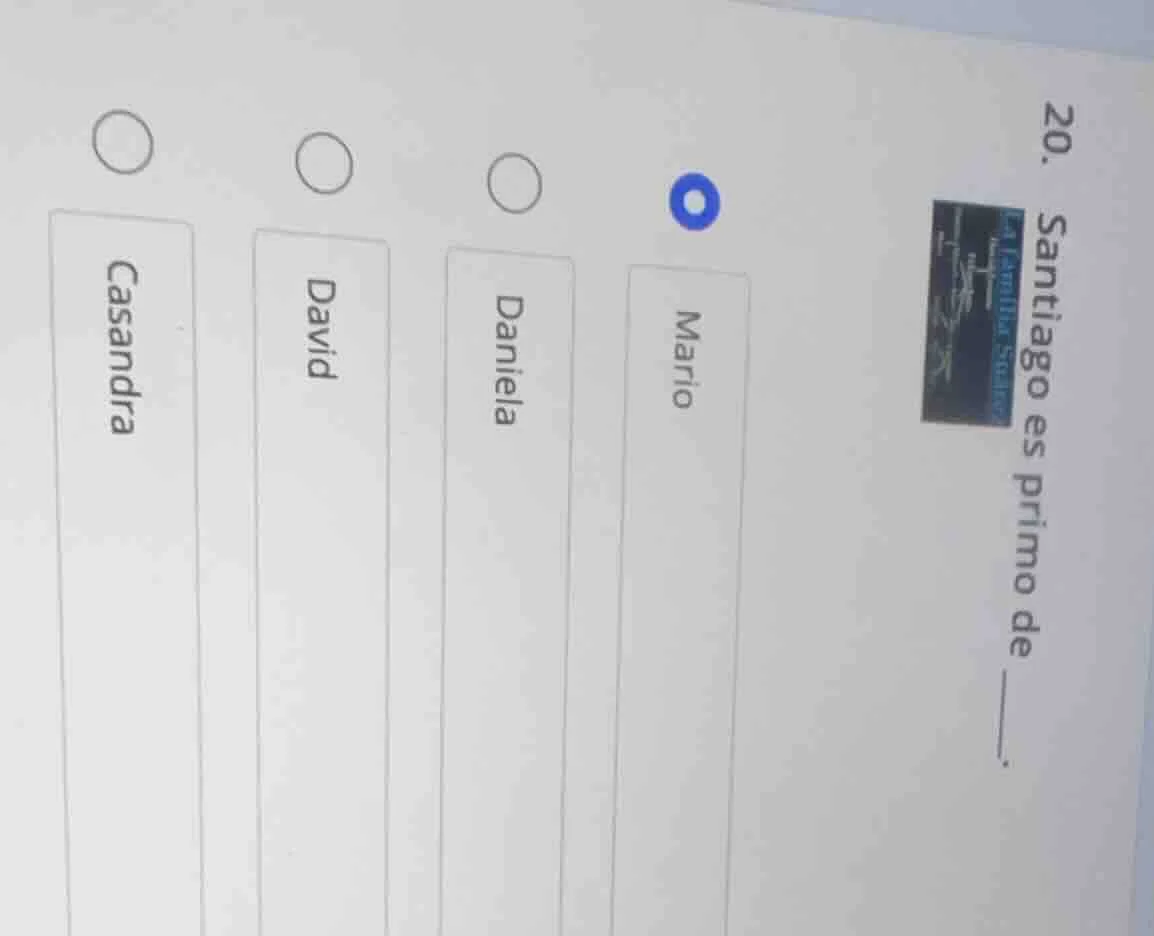 20. santiago es primo de ______. mario daniela david casandra