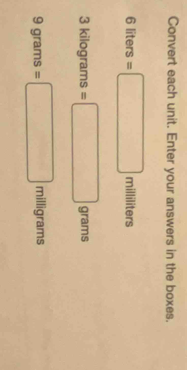 convert each unit. enter your answers in the boxes. 6 liters = \\boxed{…