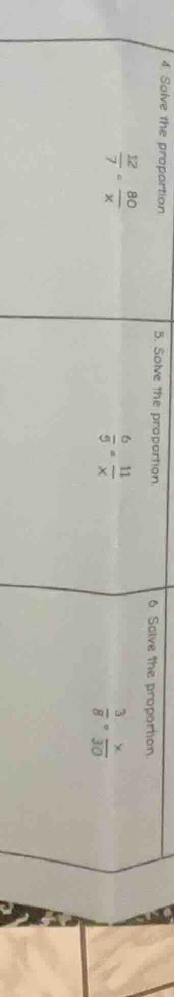 4 solve the proportion \\(\frac{12}{7} = \frac{80}{x}\\) 5. solve the p…