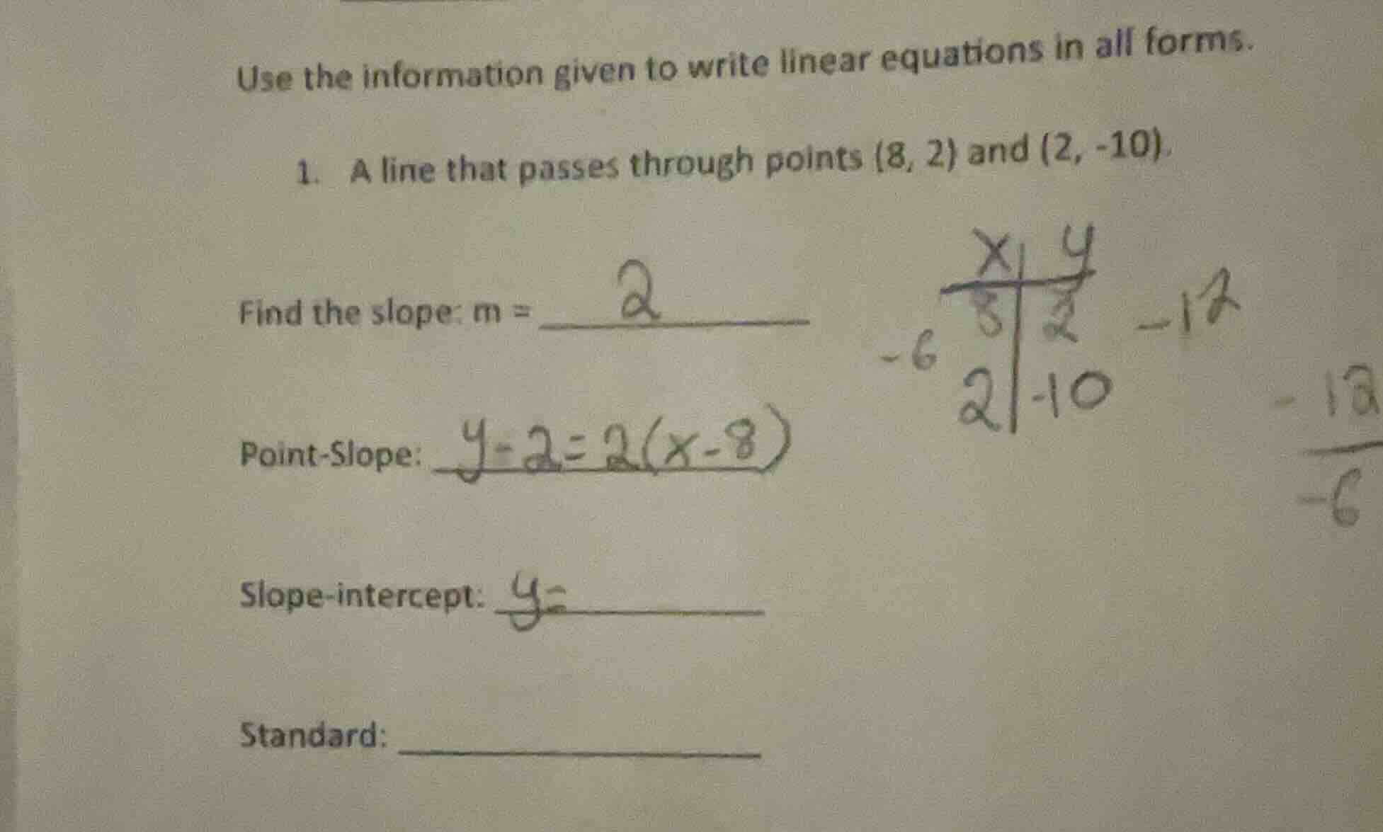 use the information given to write linear equations in all forms. 1. a …