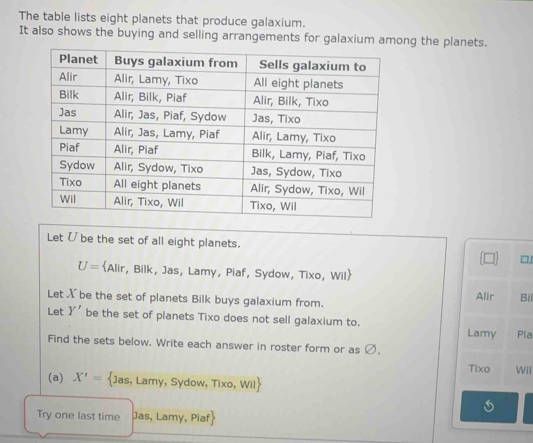 the table lists eight planets that produce galaxium. it also shows the …