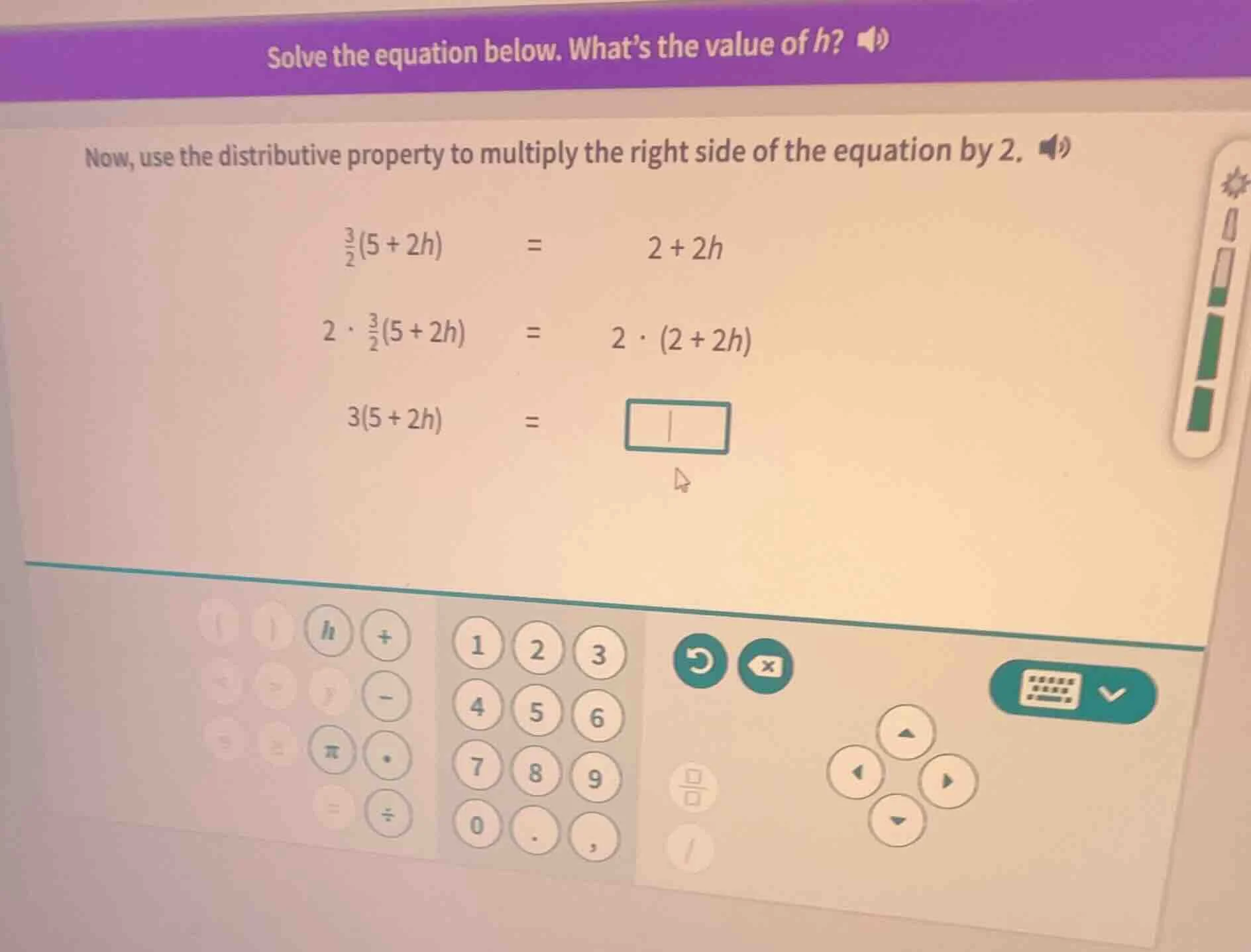 solve the equation below. whats the value of h? now, use the distributi…