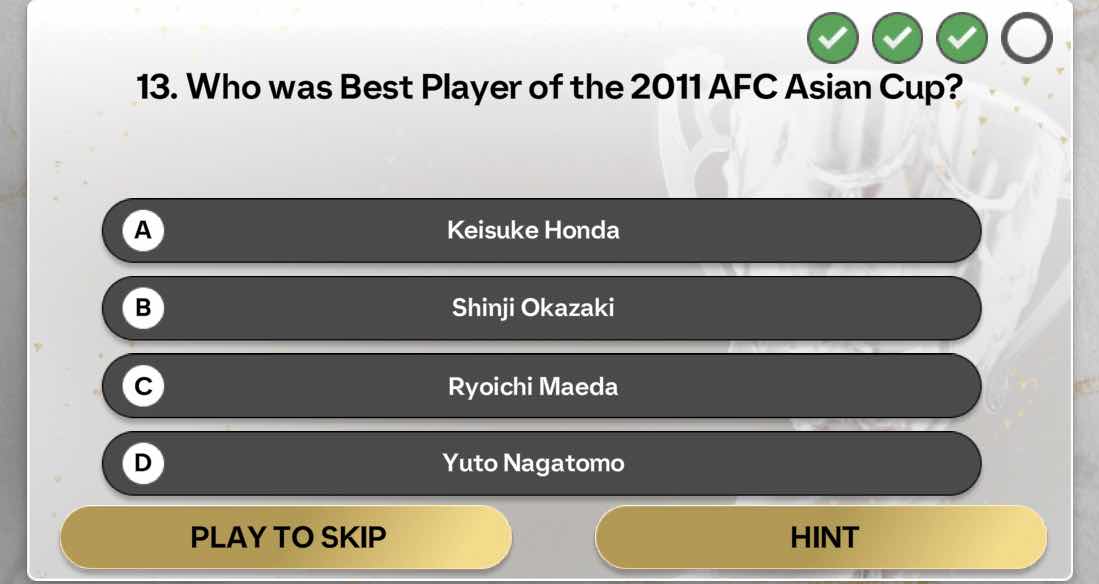 13. who was best player of the 2011 afc asian cup? a keisuke honda b sh…