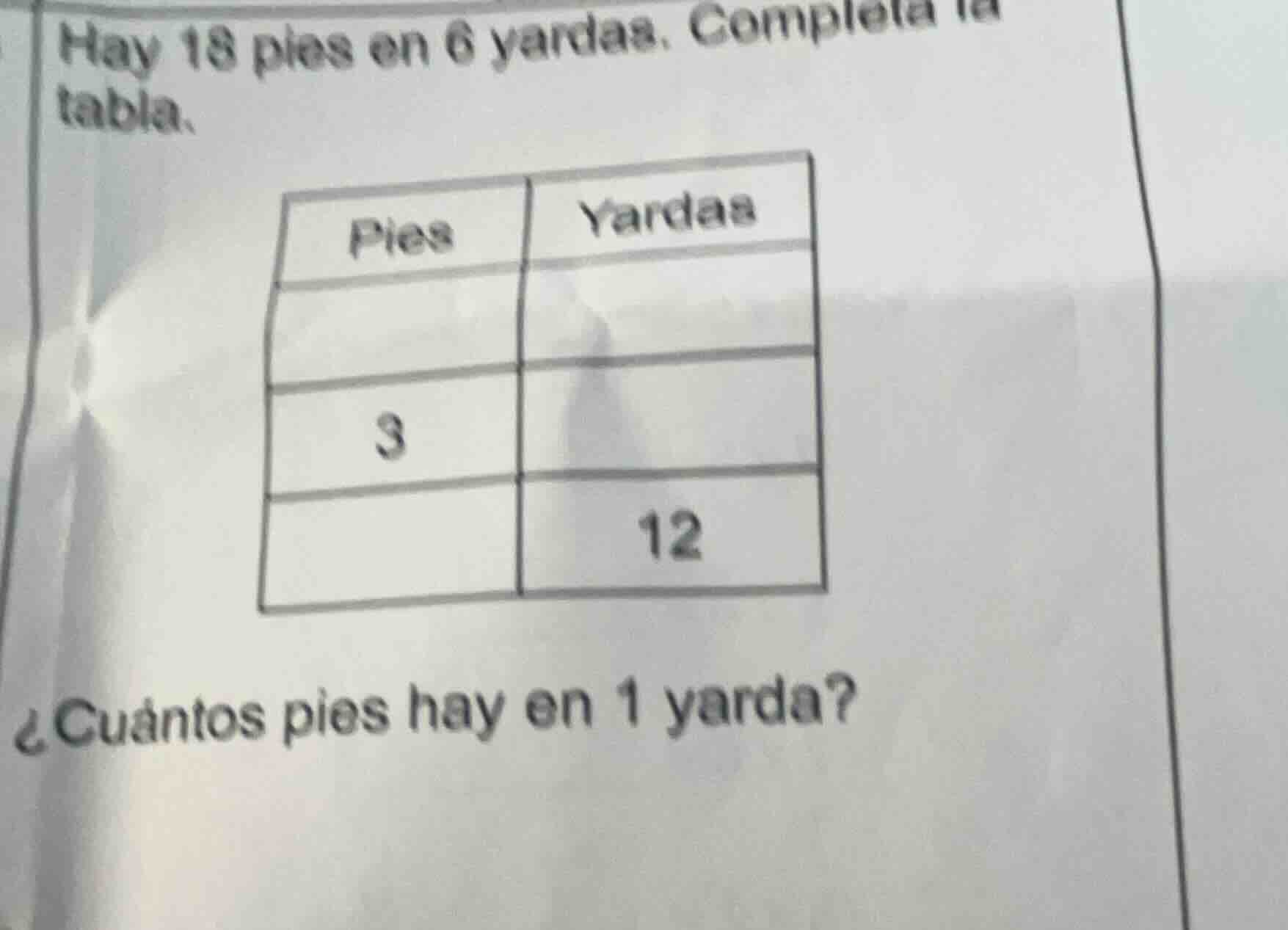 hay 18 pies en 6 yardas. completa la tabla. pies\tyardas \t 3\t \t12 ¿c…