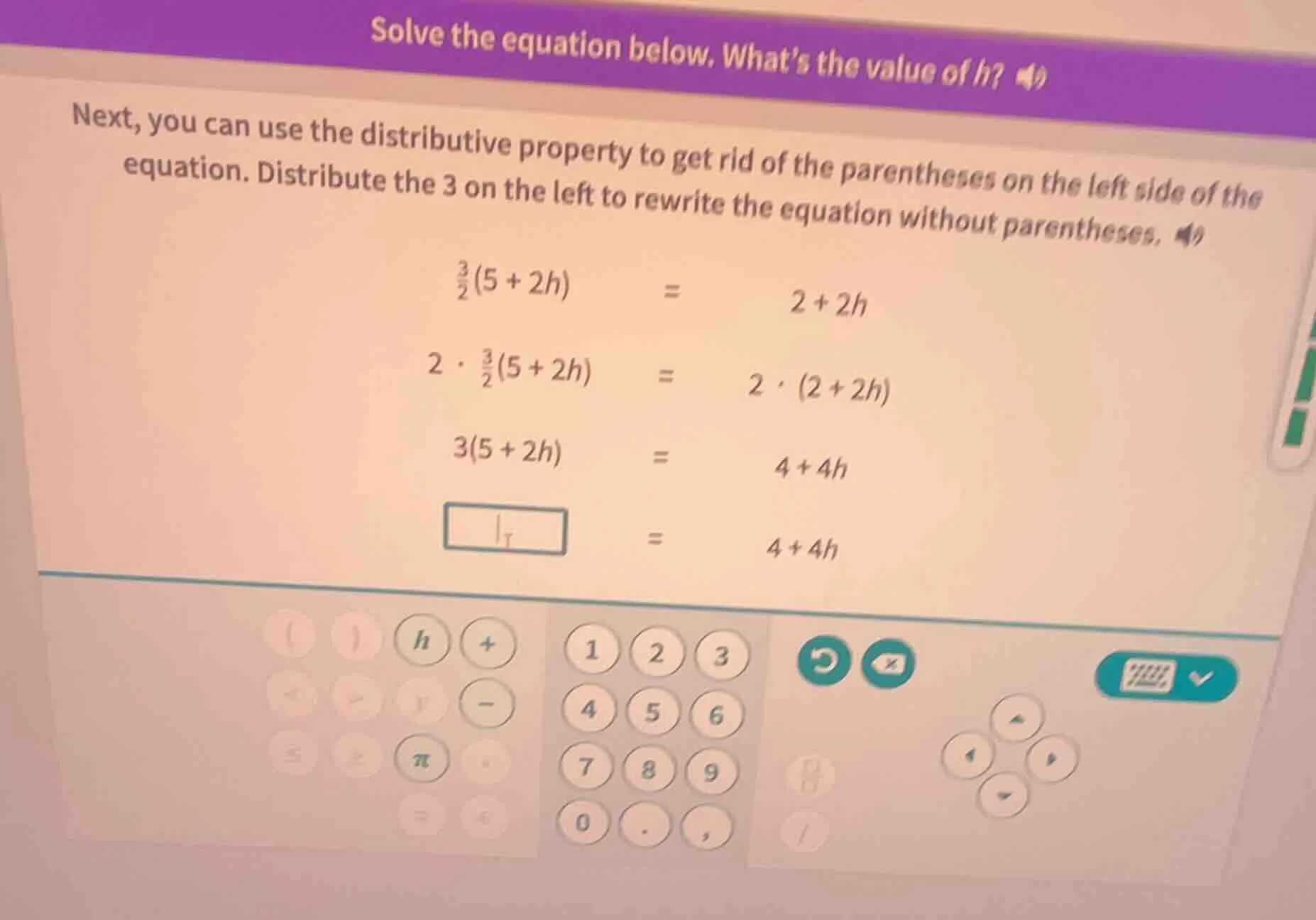 solve the equation below. whats the value of h? next, you can use the d…