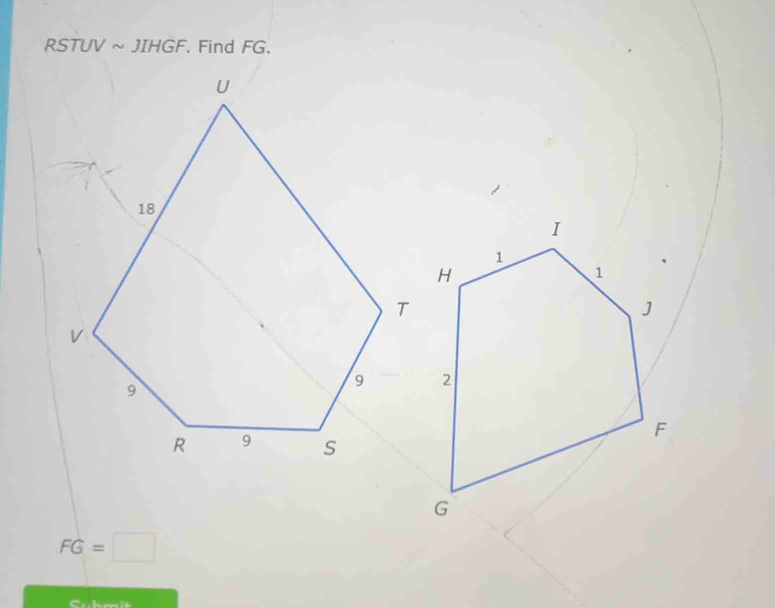rstuv ~ jihgf. find fg. fg = \\square