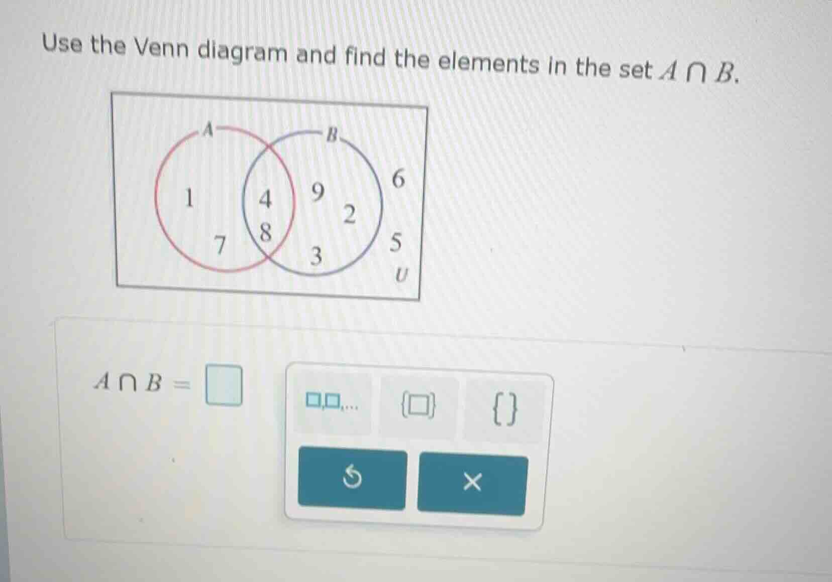 use the venn diagram and find the elements in the set $a \\cap b$. $a \…
