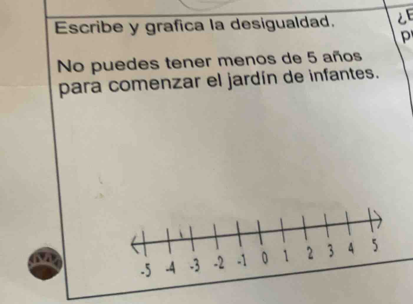 escribe y grafica la desigualdad. no puedes tener menos de 5 años para …