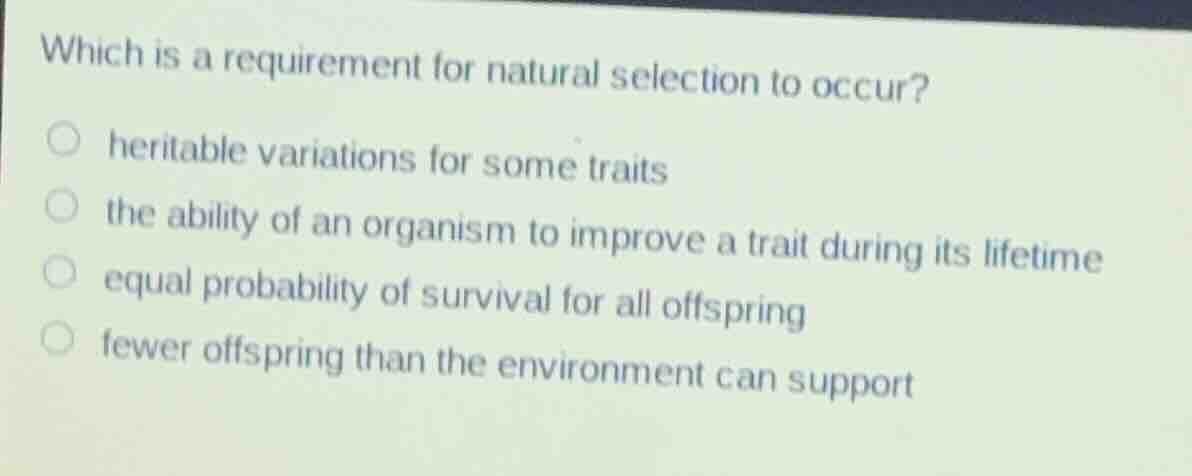 which is a requirement for natural selection to occur? heritable variat…