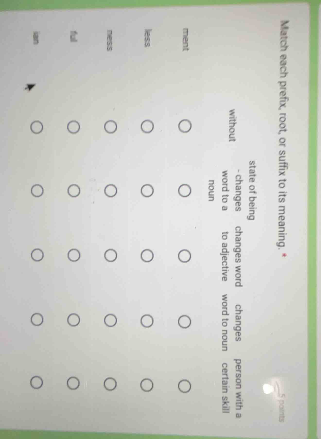 match each prefix, root, or suffix to its meaning. state of being - cha…