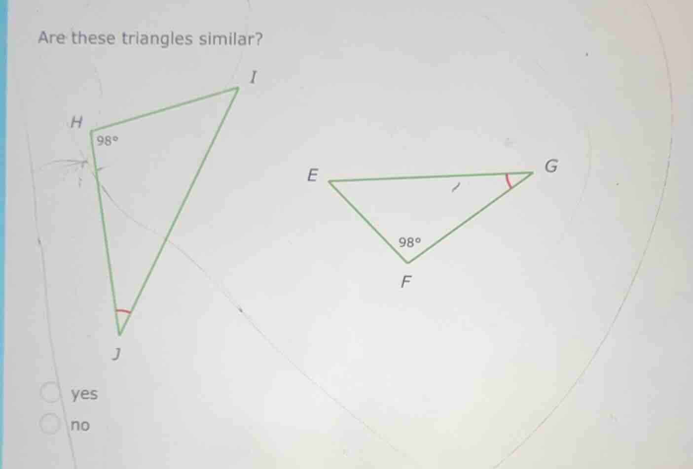 are these triangles similar? (there are two triangles in the image, one…