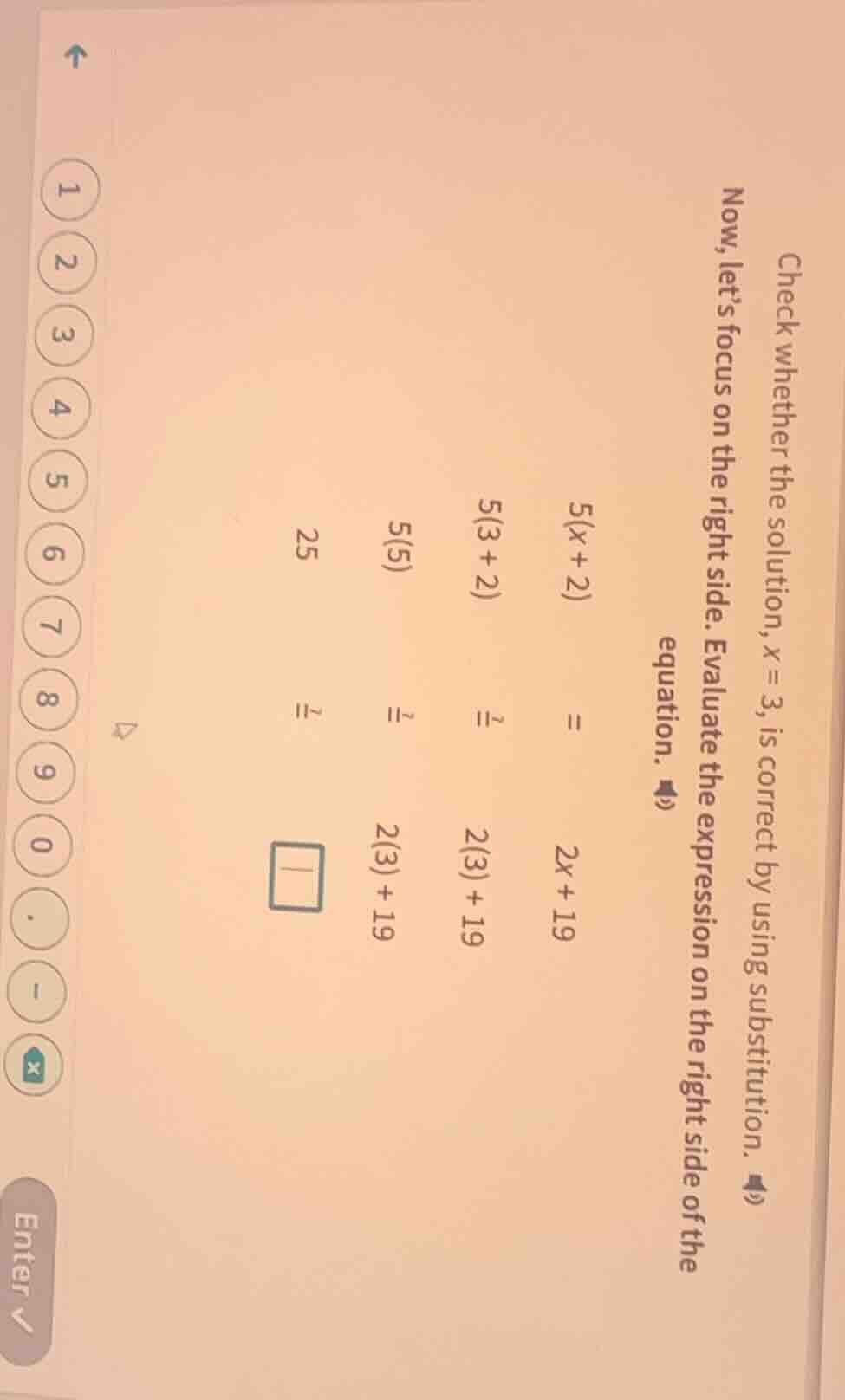 check whether the solution, x = 3, is correct by using substitution. no…