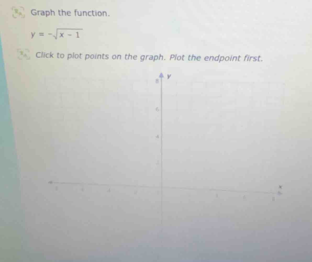 graph the function. $y = -\\sqrt{x - 1}$ click to plot points on the gr…