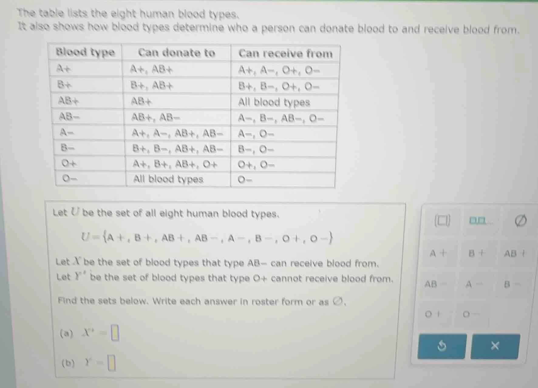 the table lists the eight human blood types. it also shows how blood ty…