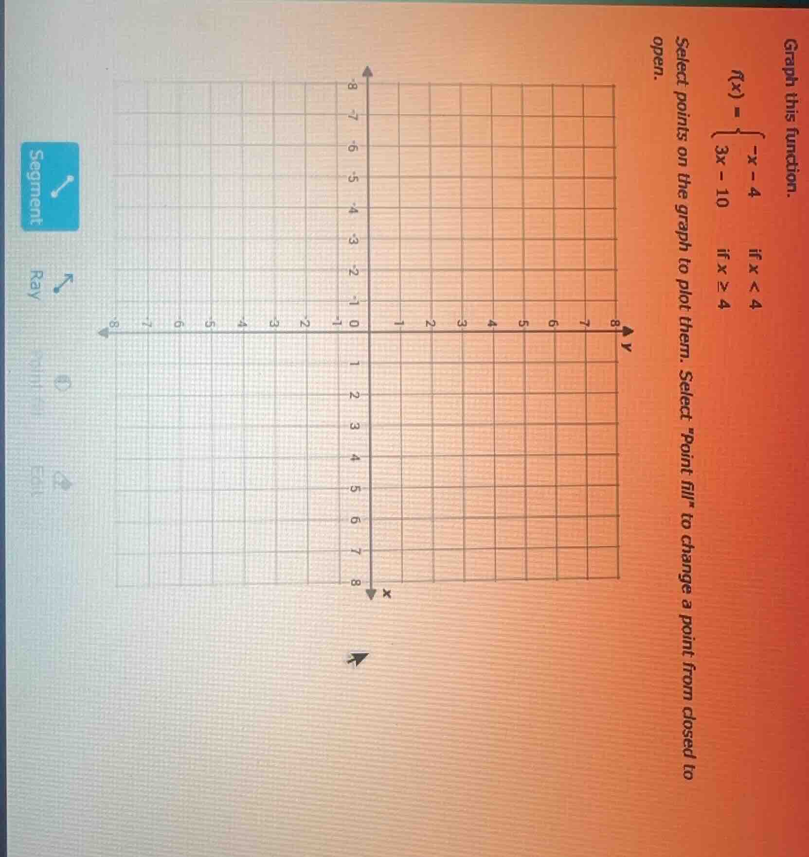 graph this function. $f(x) = \\begin{cases} -x - 4 & \\text{if } x < 4 …