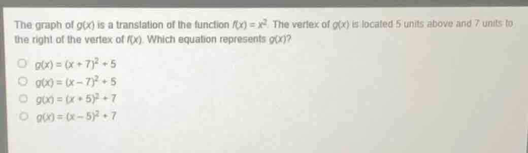 the graph of g(x) is a translation of the function f(x) = x². the verte…
