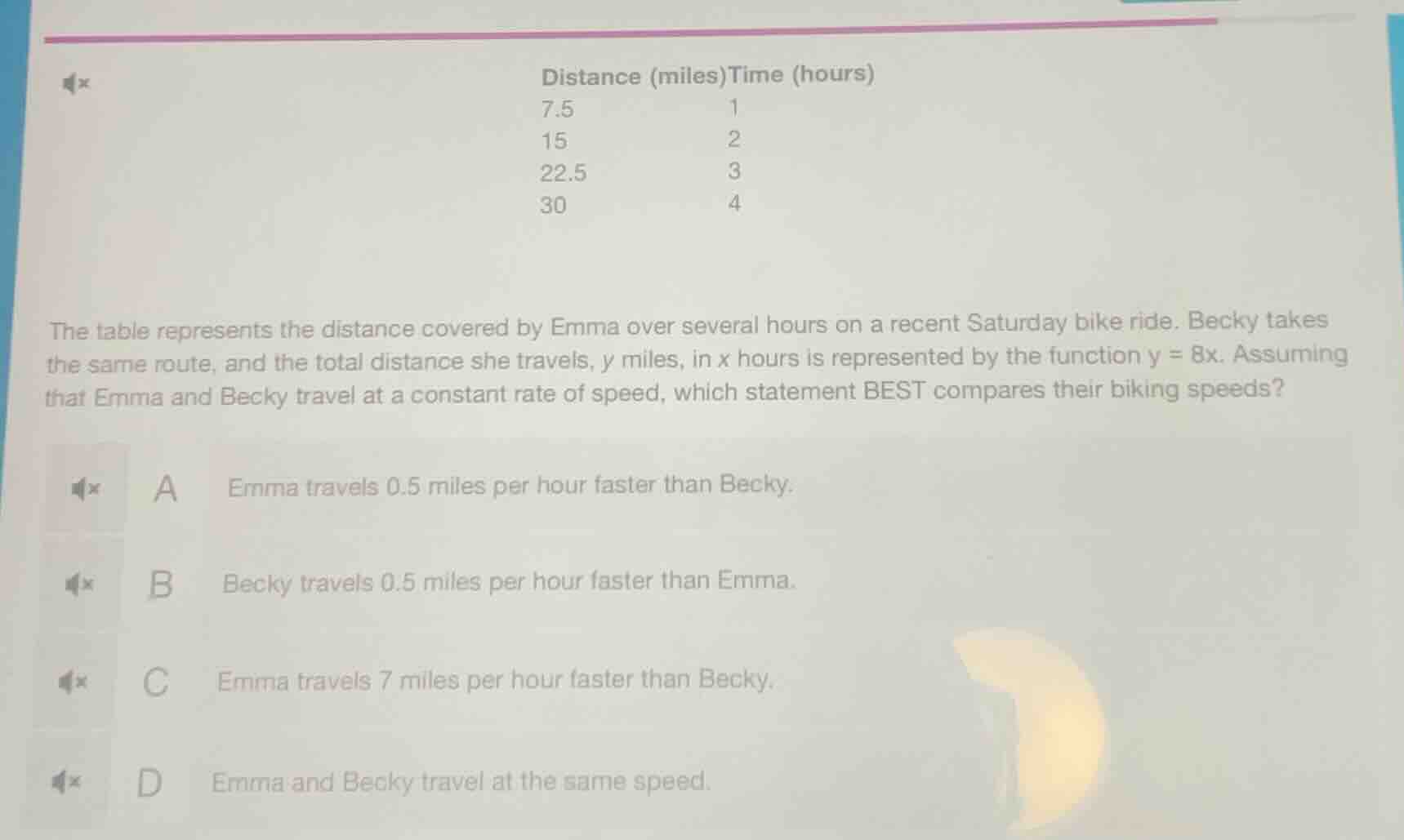 distance (miles)time (hours) 7.5 1 15 2 22.5 3 30 4 the table represent…