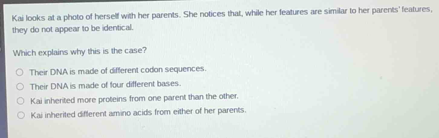 kai looks at a photo of herself with her parents. she notices that, whi…