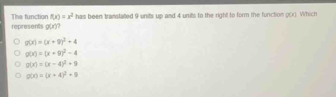 the function $f(x) = x^2$ has been translated 9 units up and 4 units to…