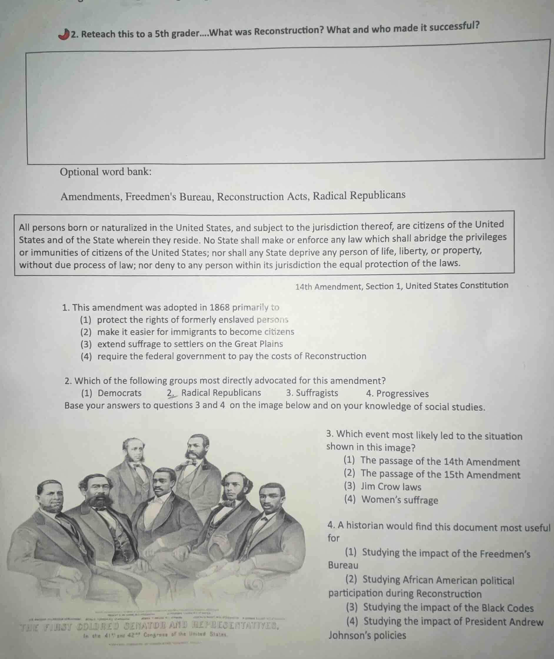 2. reteach this to a 5th grader....what was reconstruction? what and wh…