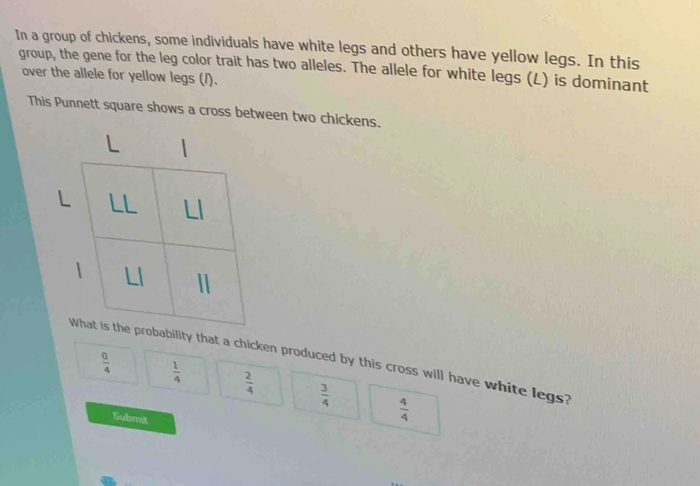 in a group of chickens, some individuals have white legs and others hav…