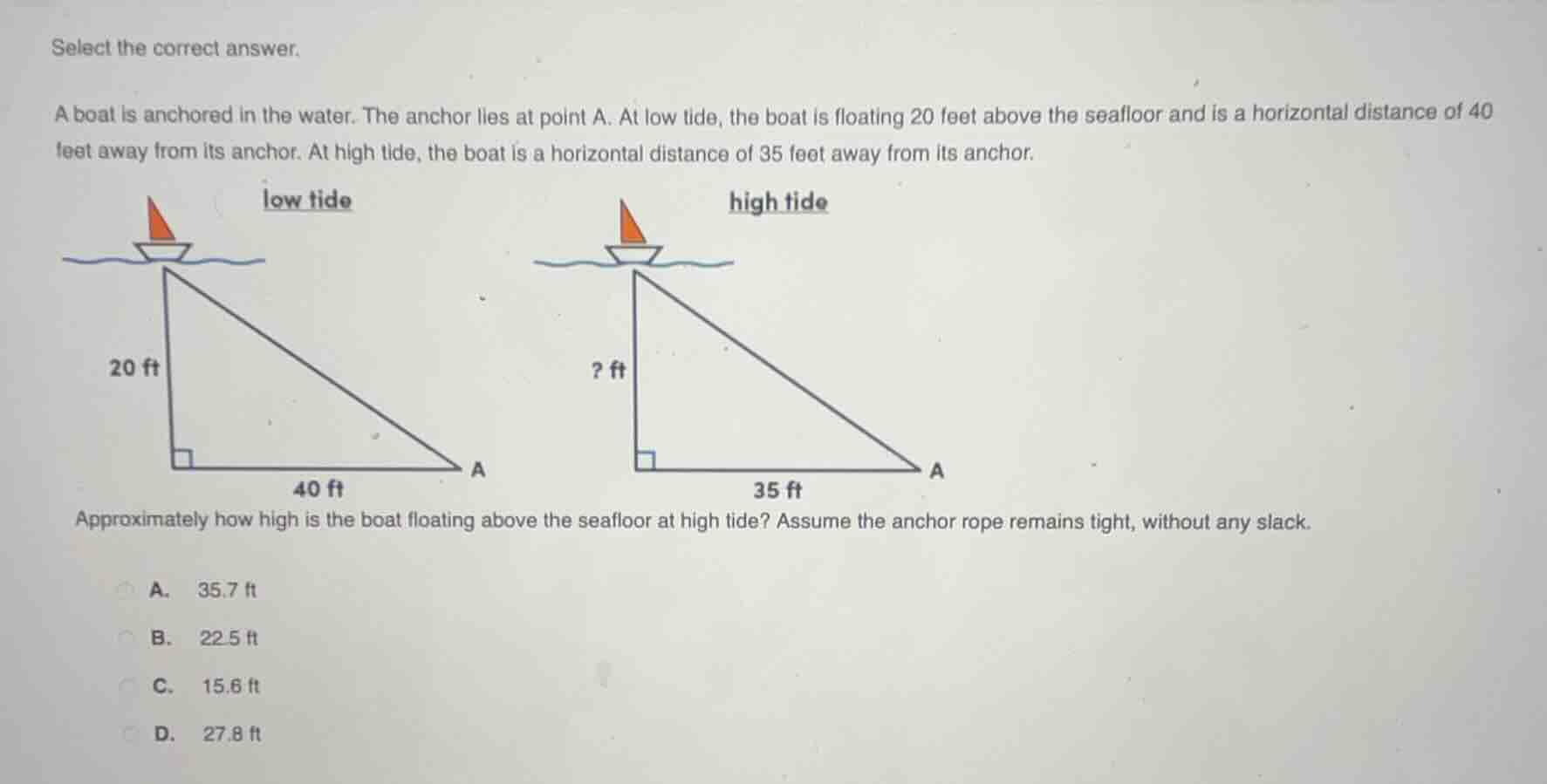 select the correct answer. a boat is anchored in the water. the anchor …