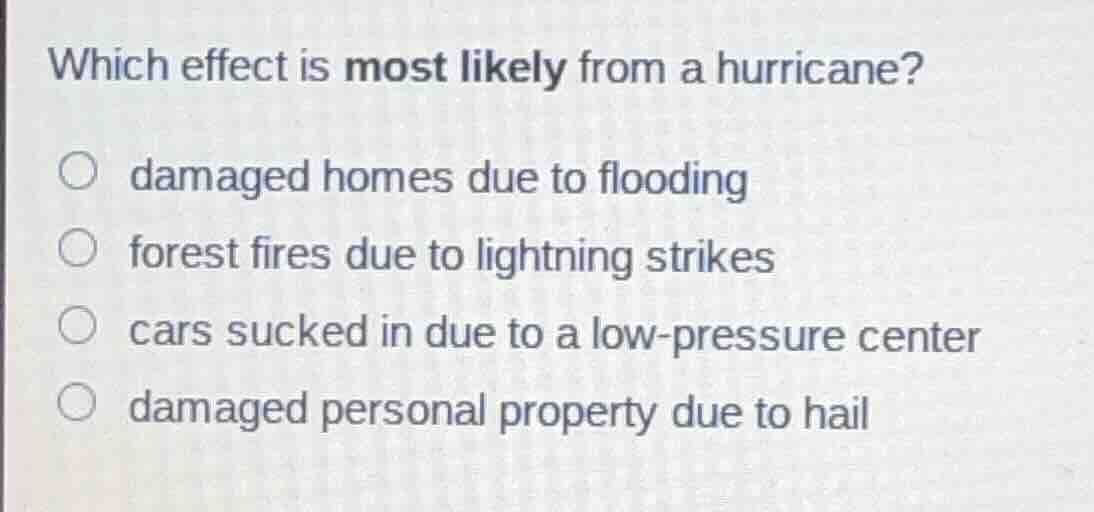 which effect is most likely from a hurricane? damaged homes due to floo…