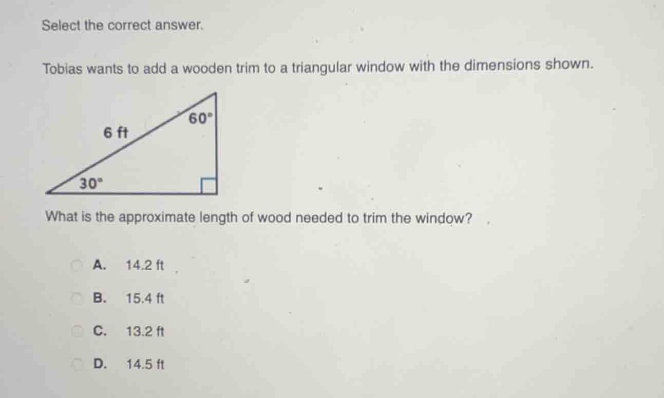 select the correct answer. tobias wants to add a wooden trim to a trian…
