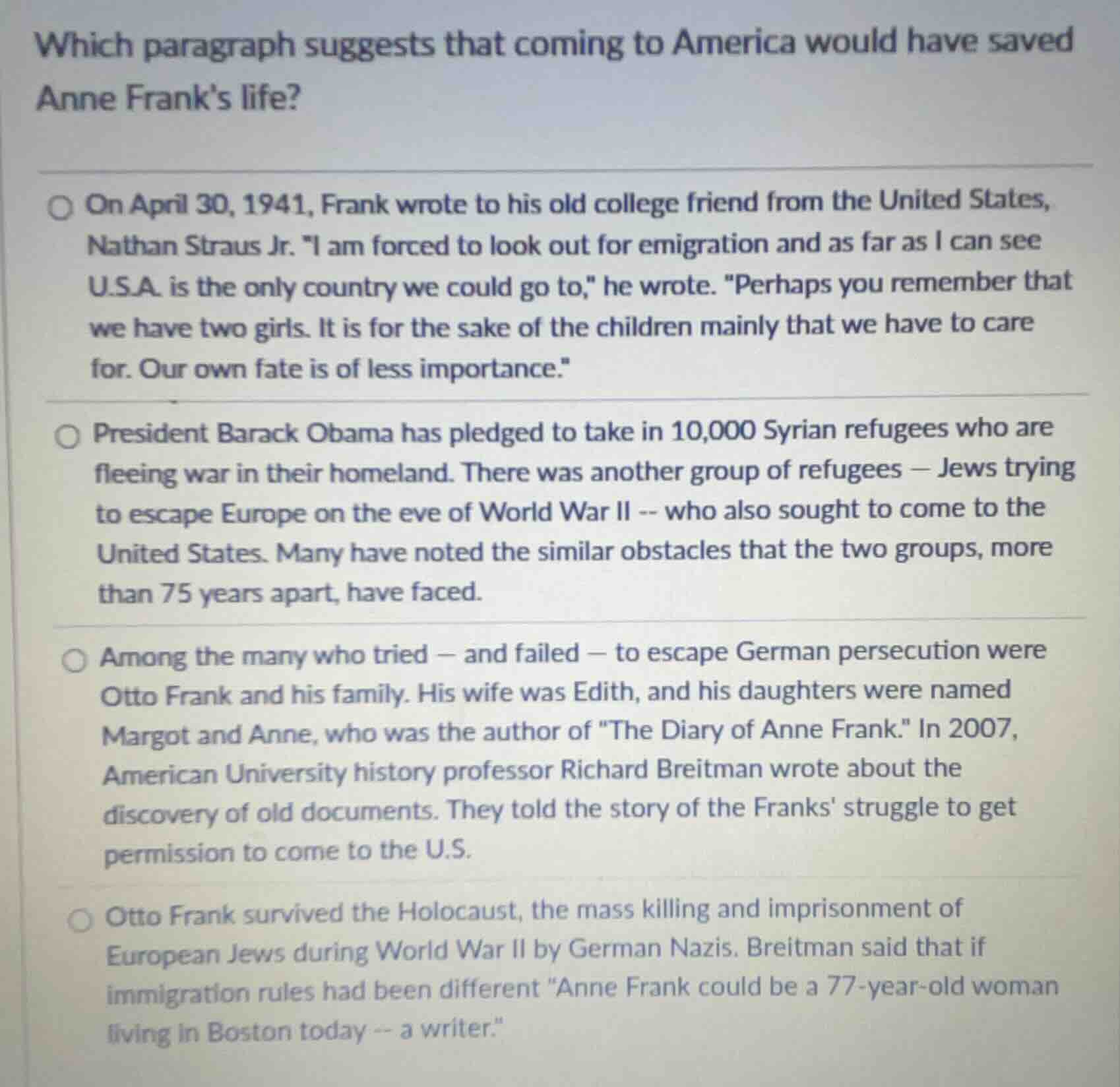 which paragraph suggests that coming to america would have saved anne f…