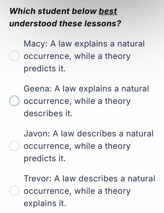 which student below best understood these lessons? macy: a law explains…