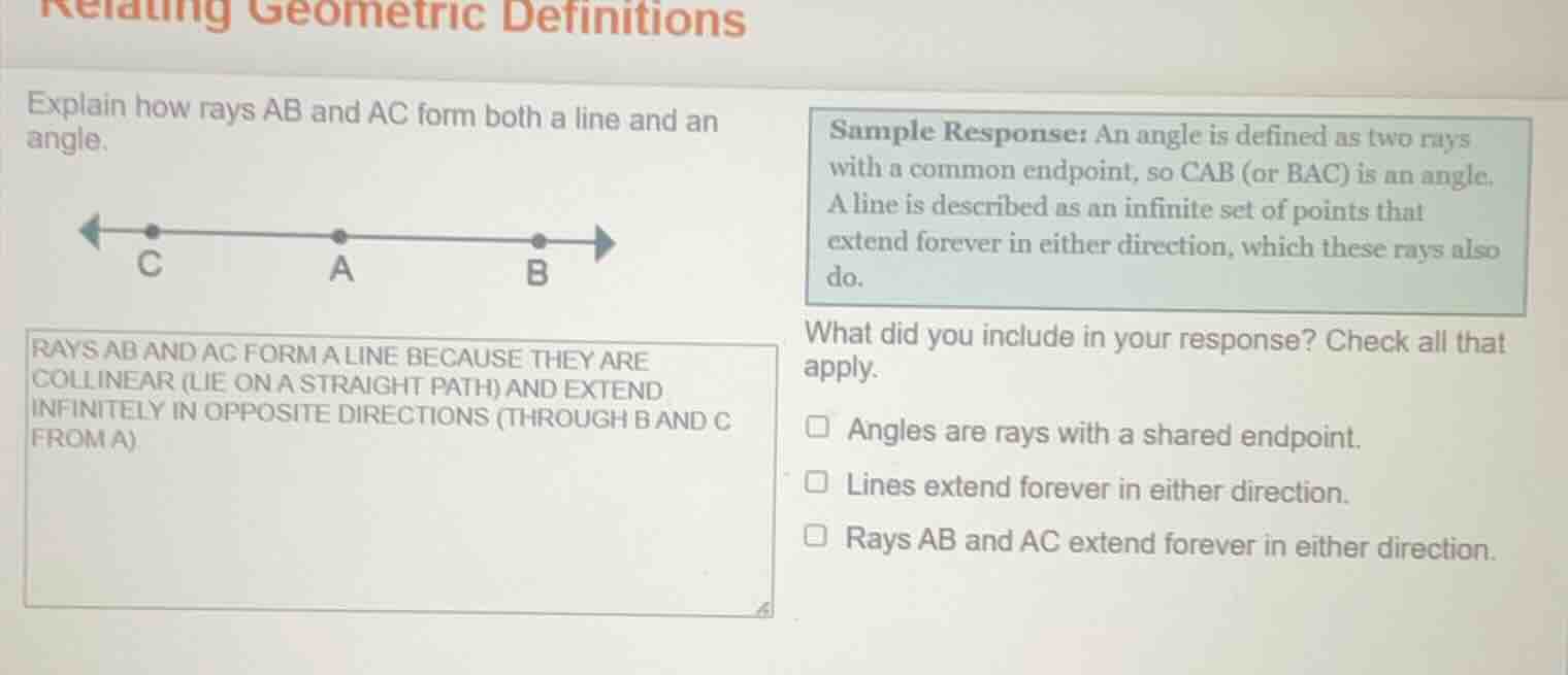 relating geometric definitions explain how rays ab and ac form both a l…