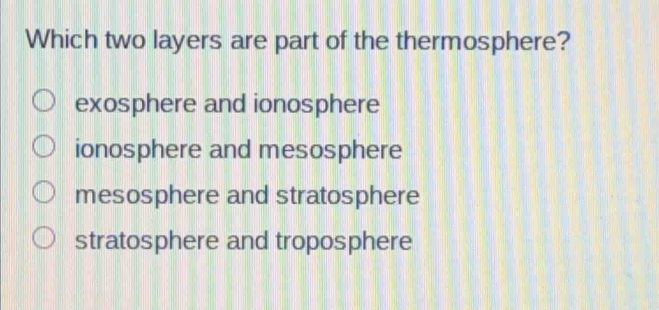 which two layers are part of the thermosphere? exosphere and ionosphere…