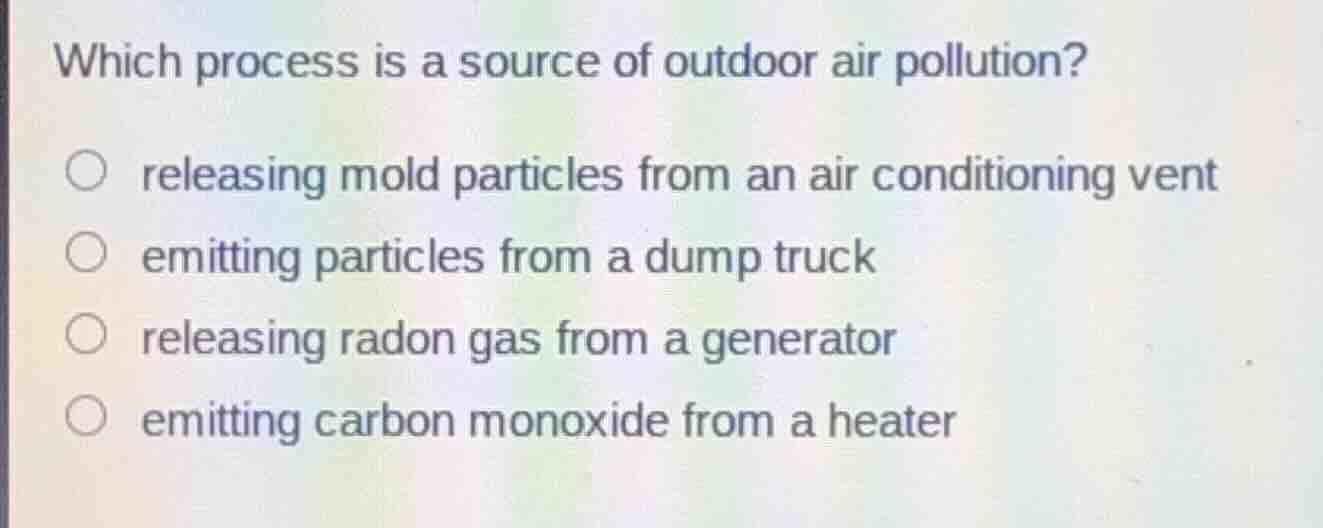 which process is a source of outdoor air pollution? releasing mold part…