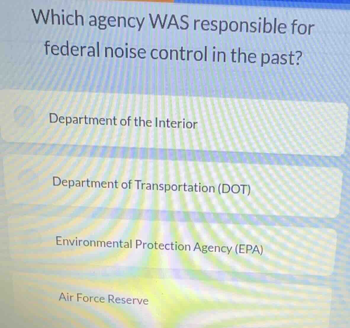 which agency was responsible for federal noise control in the past? dep…