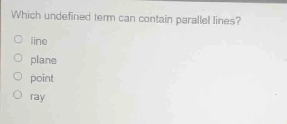 which undefined term can contain parallel lines? line plane point ray