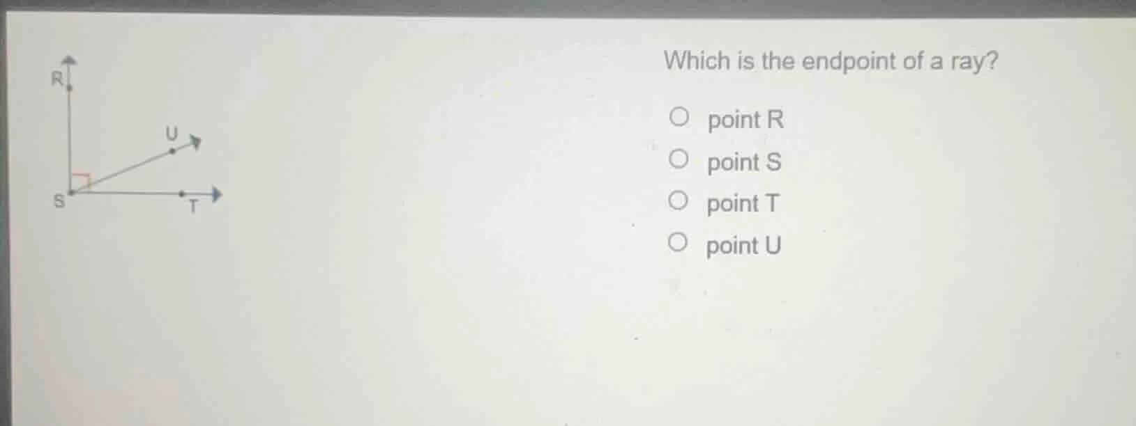 which is the endpoint of a ray? ○ point r ○ point s ○ point t ○ point u