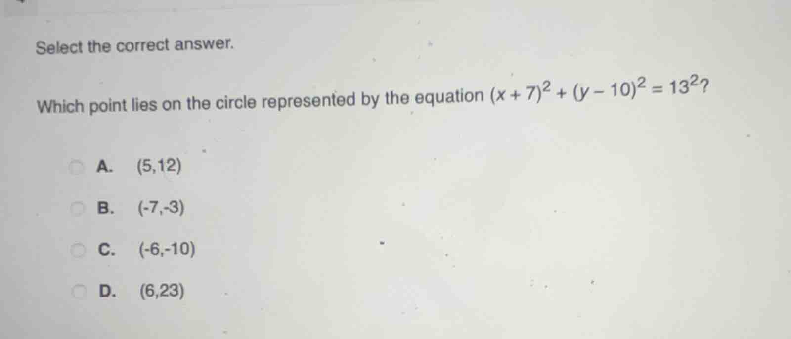 select the correct answer. which point lies on the circle represented b…