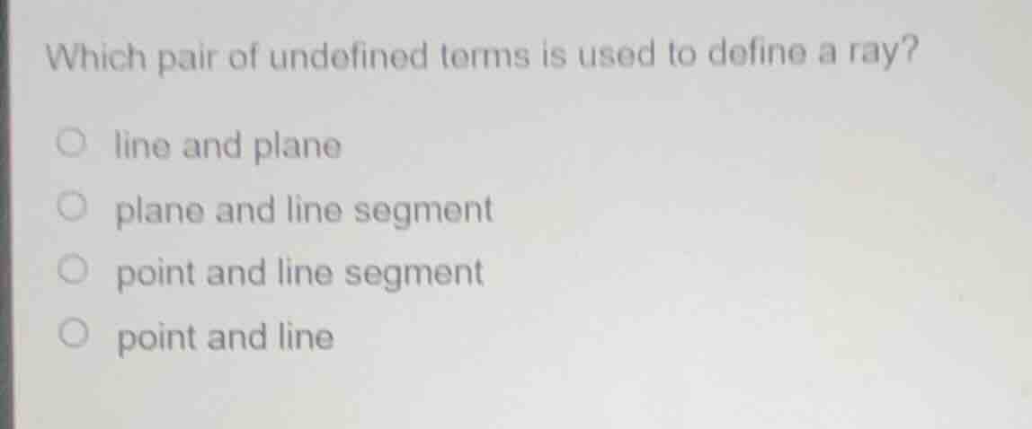 which pair of undefined terms is used to define a ray? line and plane p…