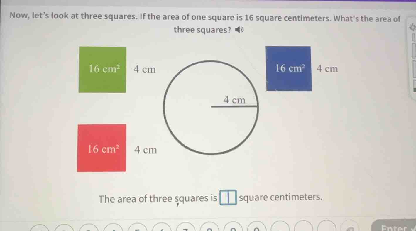 now, lets look at three squares. if the area of one square is 16 square…