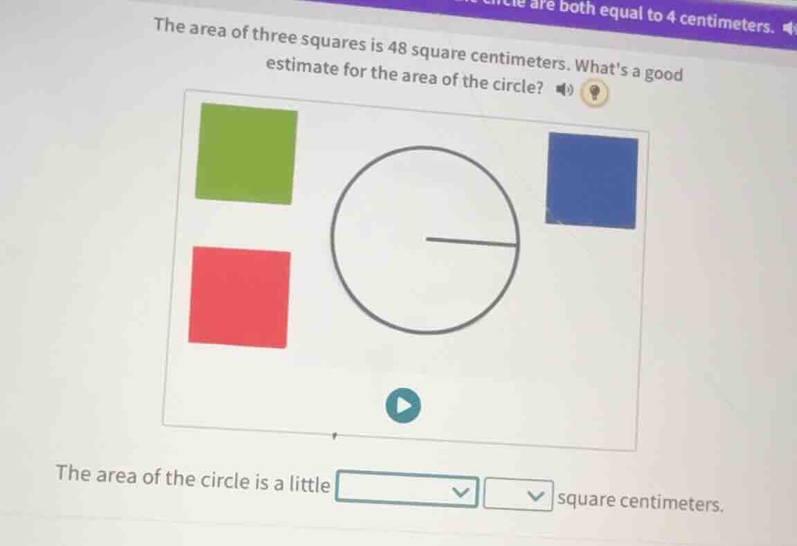 the area of three squares is 48 square centimeters. whats a good estima…