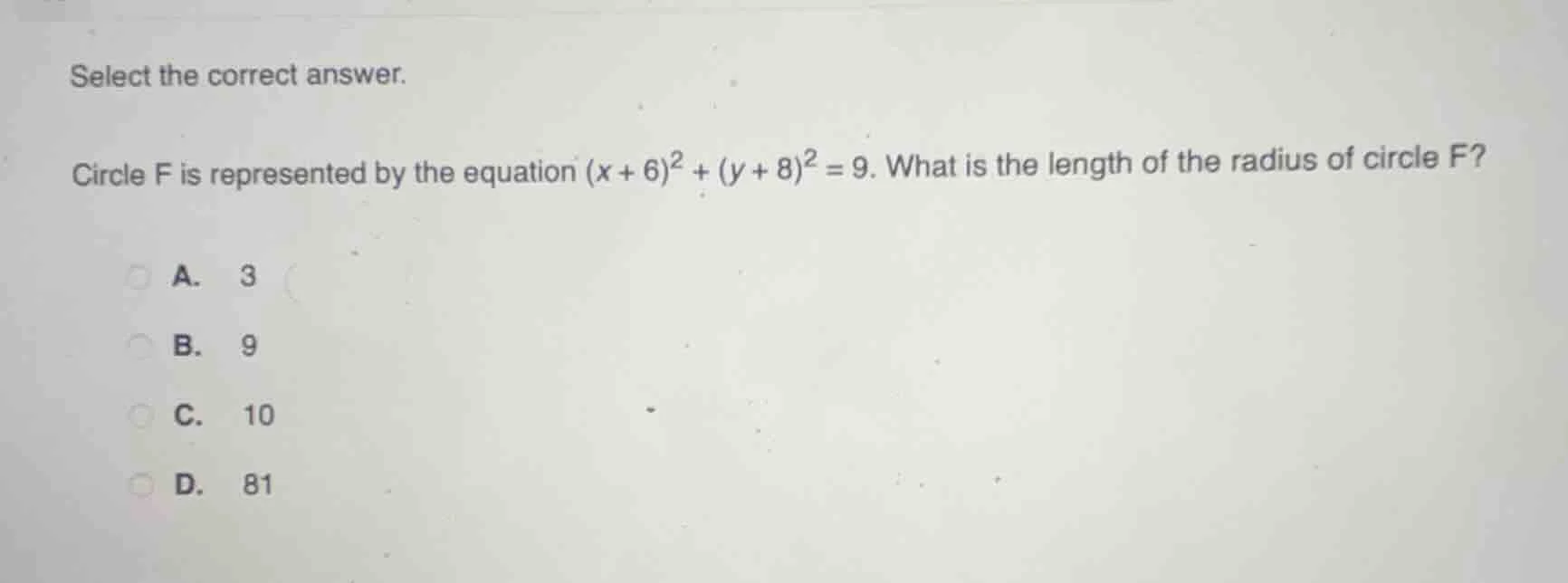 select the correct answer. circle f is represented by the equation $(x …