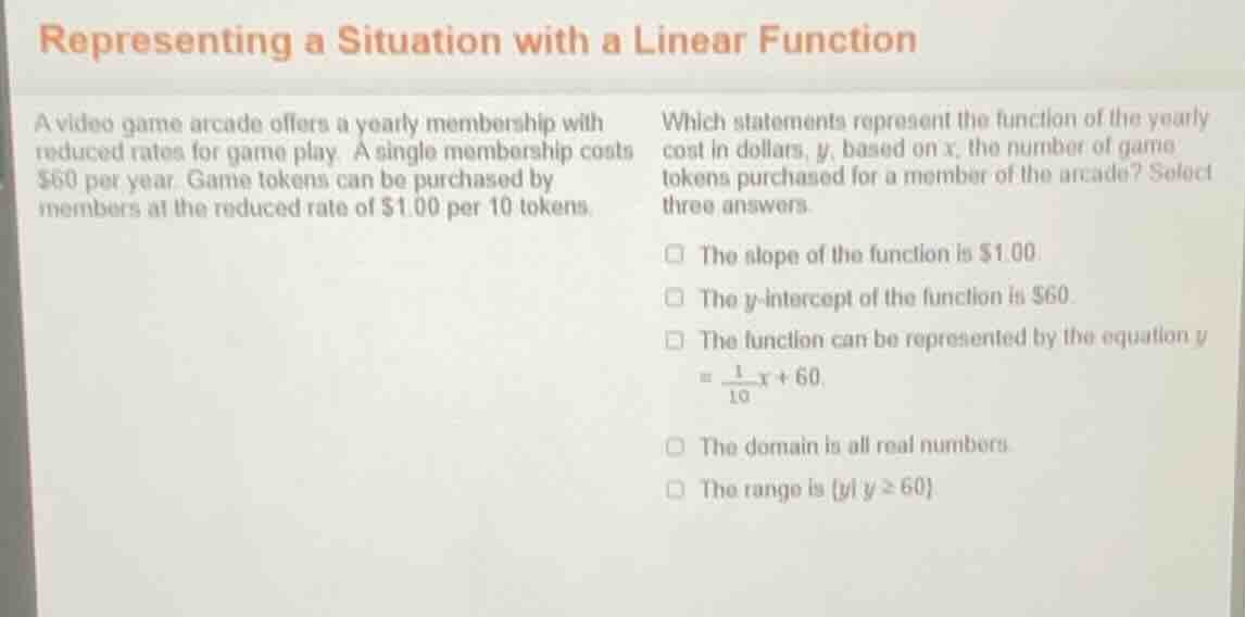representing a situation with a linear function a video game arcade off…