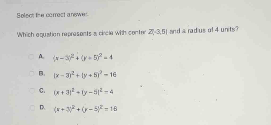 select the correct answer. which equation represents a circle with cent…