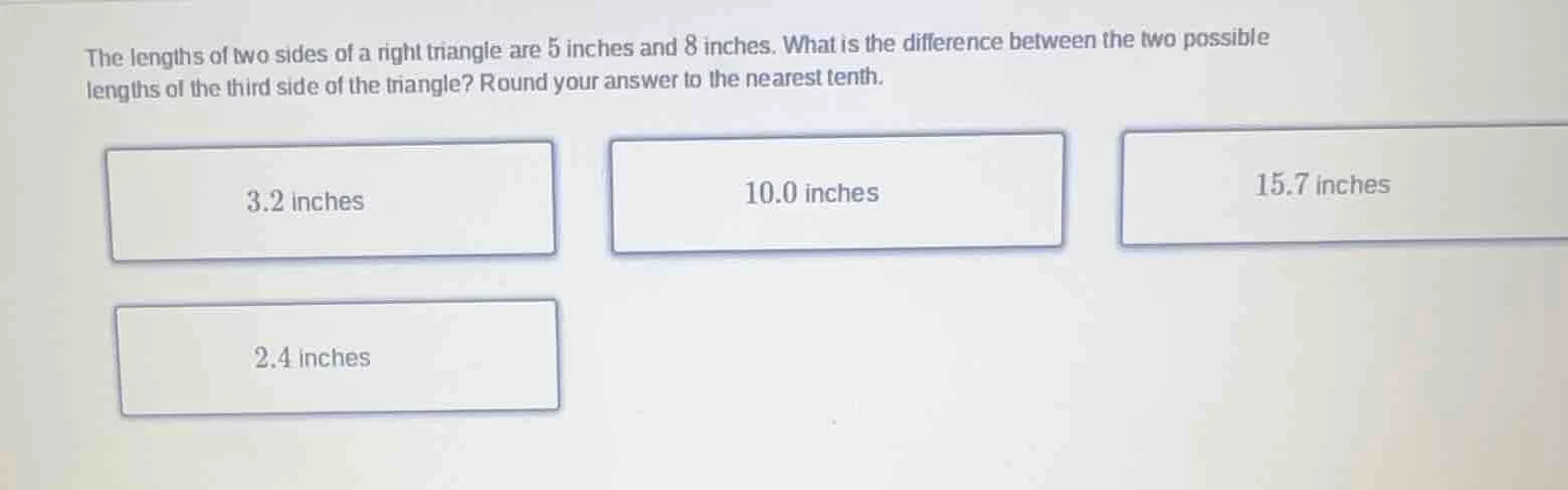 the lengths of two sides of a right triangle are 5 inches and 8 inches.…