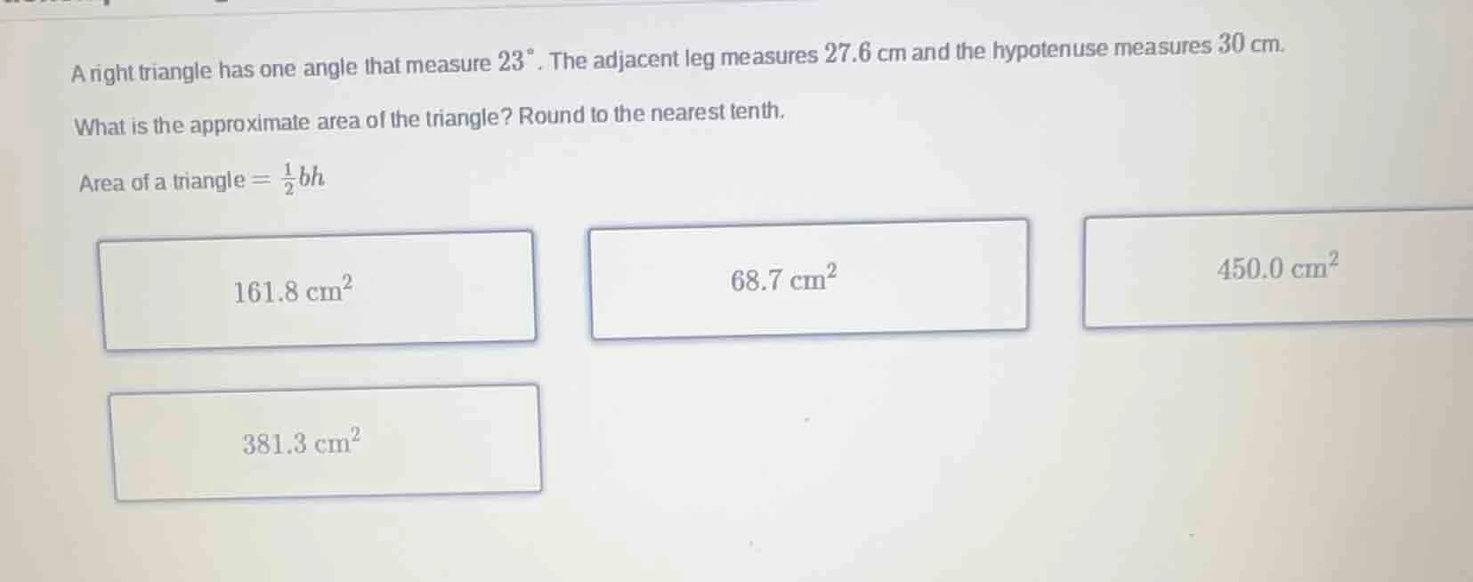 a right triangle has one angle that measure $23^{circ}$. the adjacent l…