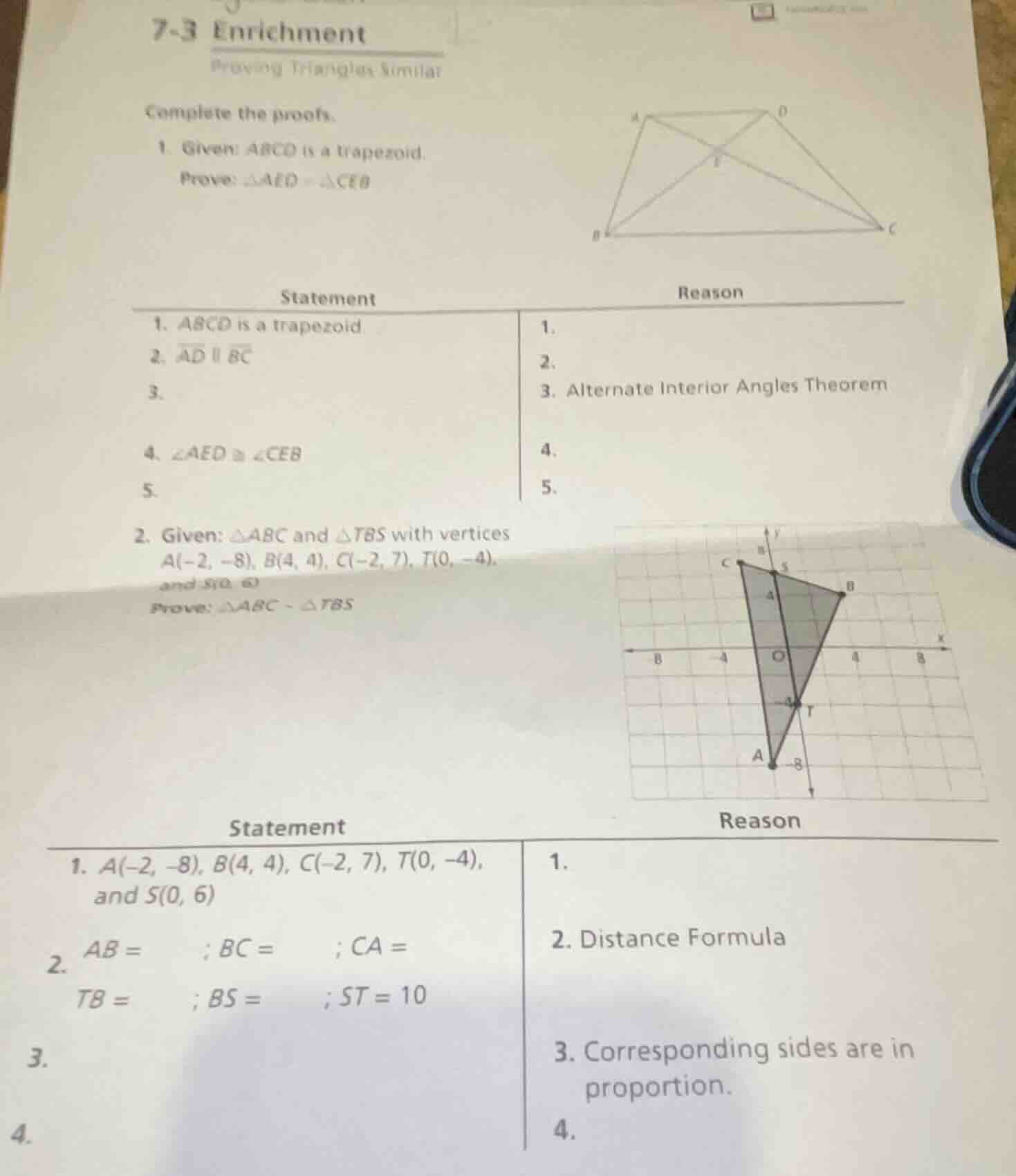 7-3 enrichment proving triangles similar complete the proofs. 1. given:…