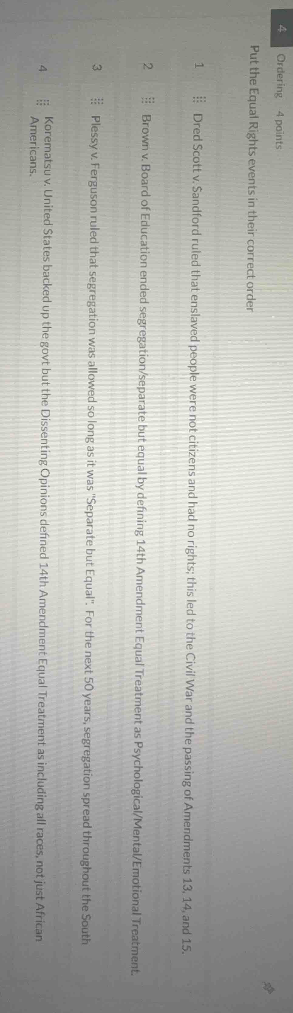 ordering 4 points put the equal rights events in their correct order 1 …